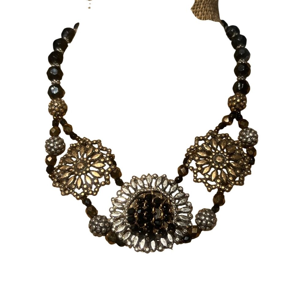 Chicos Black Silver Beaded Statement Necklace Flower Medallions Floral Choker